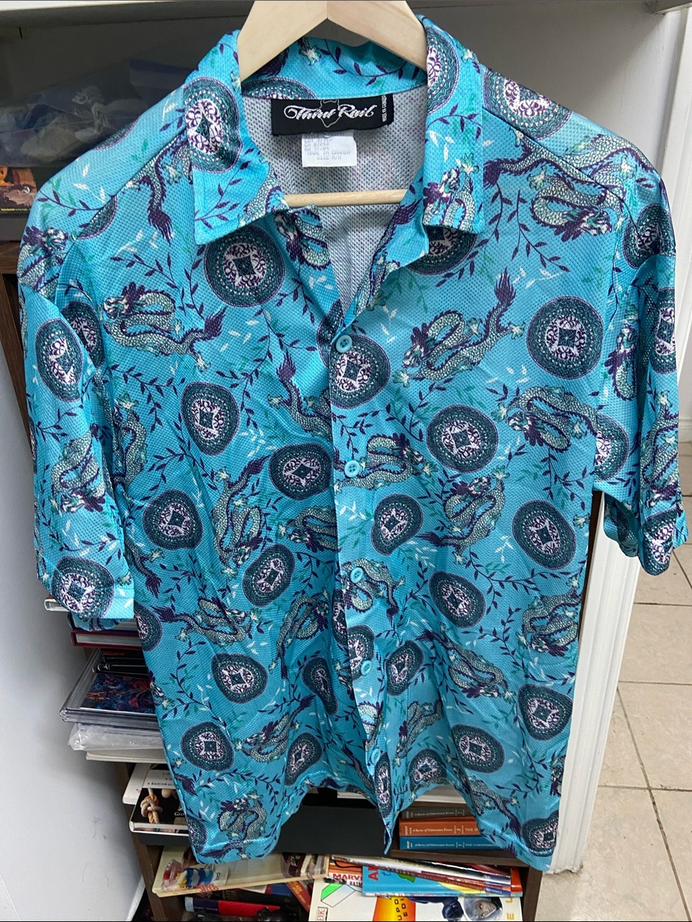 Vintage Third Rail Dragon Turquoise Printed Short-Sleeve Button-Down Shirt